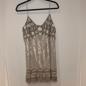 Aidan Mattox A-line Beaded Sequin Mini Dress Size 14 in Neutral Shiny Color